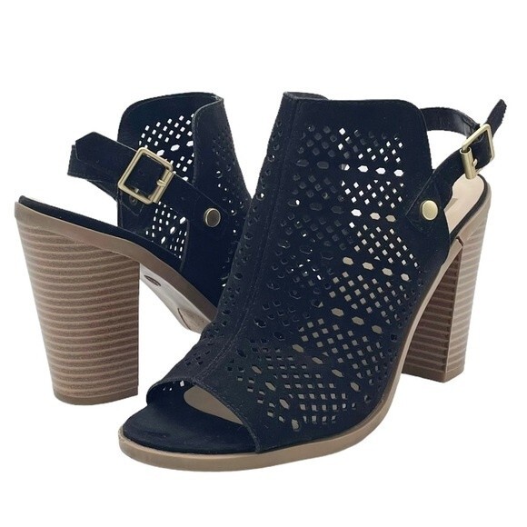 DV Dolce Vita Kassi Black Suede Slingback Peep Toe Block Heel Sandal Size 7 - Picture 5 of 16